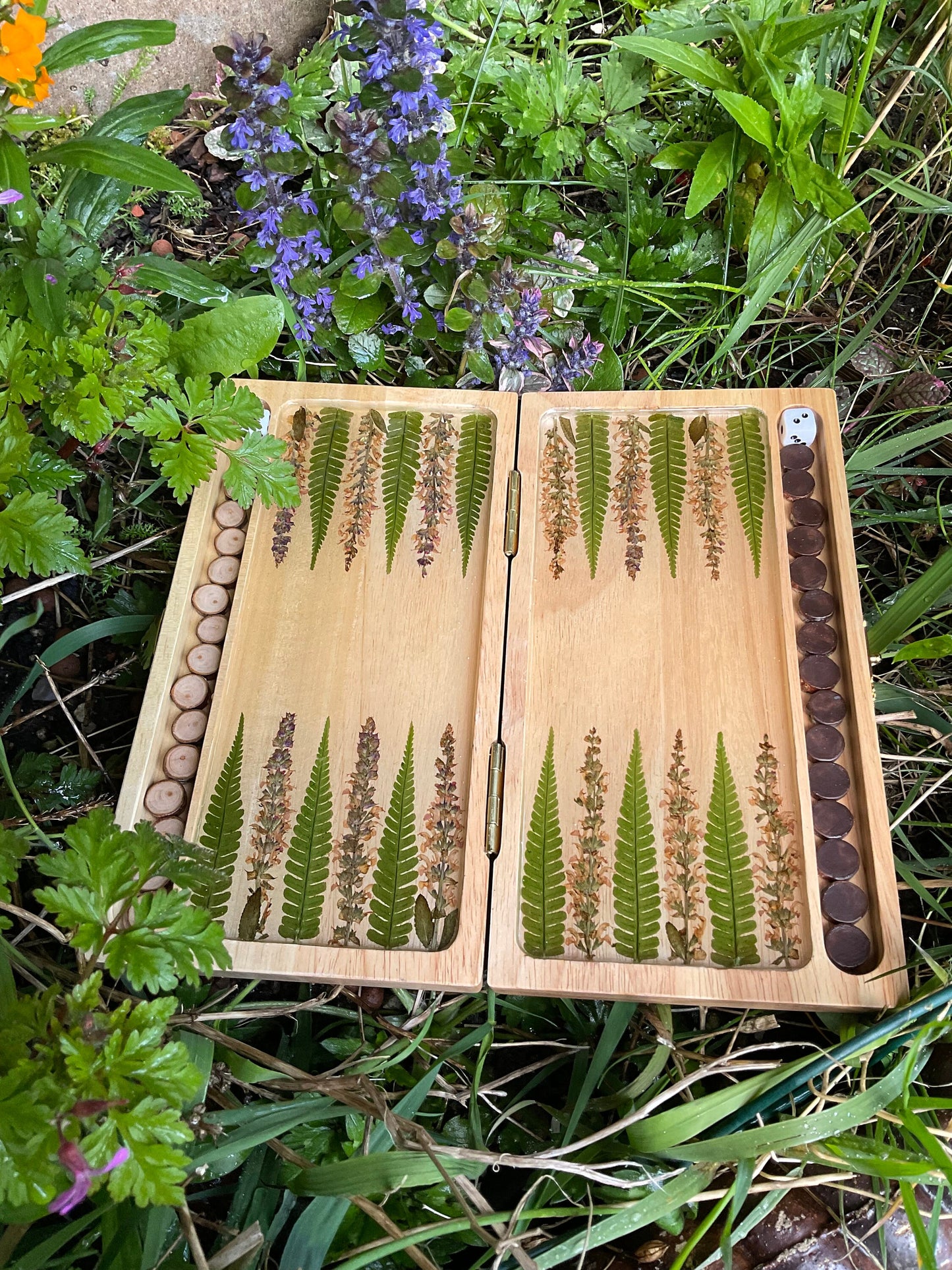 Botanical backgammon board pressed leaves (ferns & pink veronica flowers) - cottagecore goblincore unique art from nature