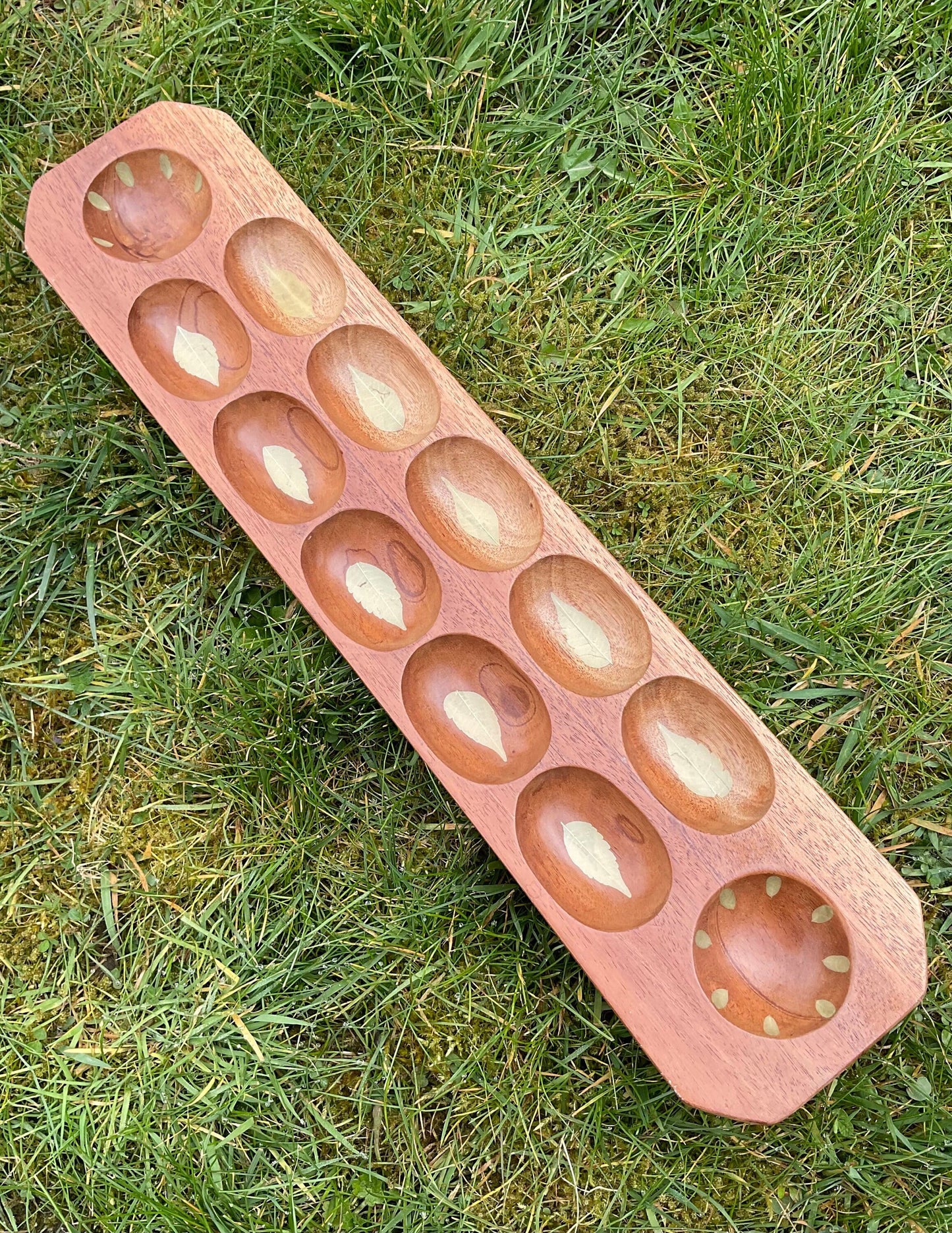 Handmade botanical Mancala board, with real Lilac and Rue and gem stone counters cottagecore goblincore unique nature handmade boardgame