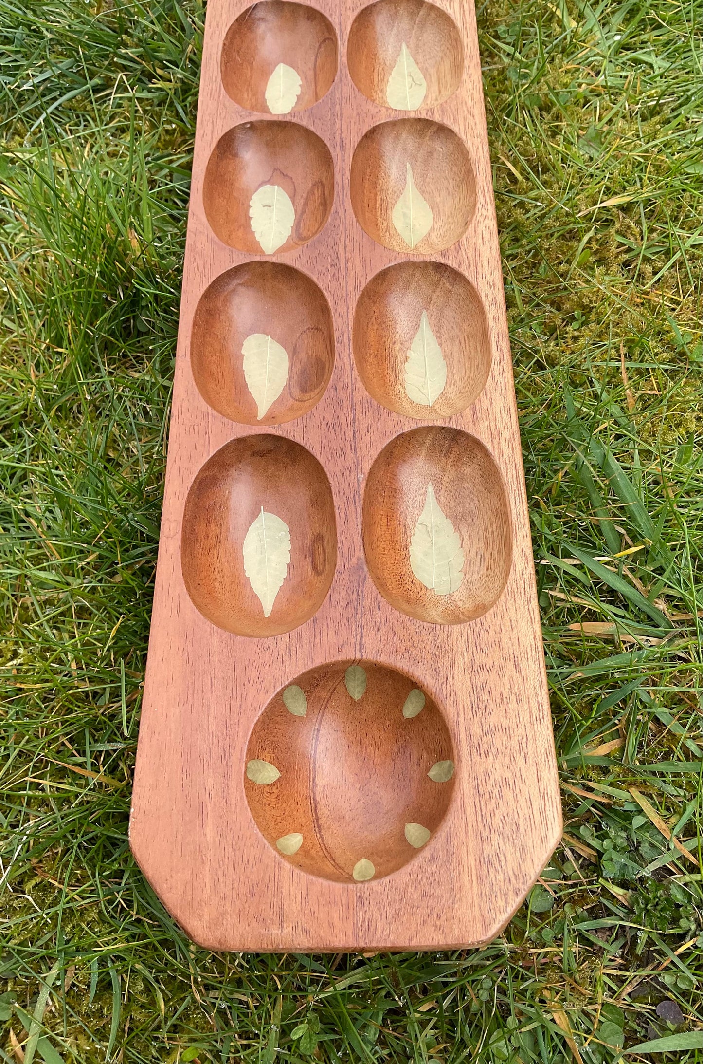 Handmade botanical Mancala board, with real Lilac and Rue and gem stone counters cottagecore goblincore unique nature handmade boardgame