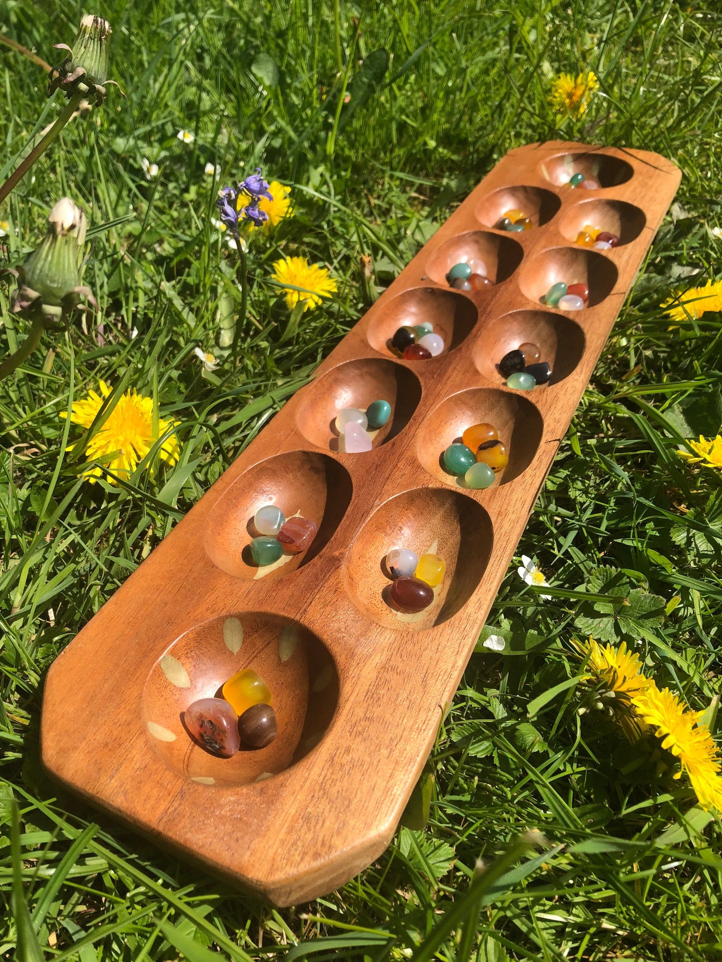 Handmade botanical Mancala board, with real Lilac and Rue and gem stone counters cottagecore goblincore unique nature handmade boardgame