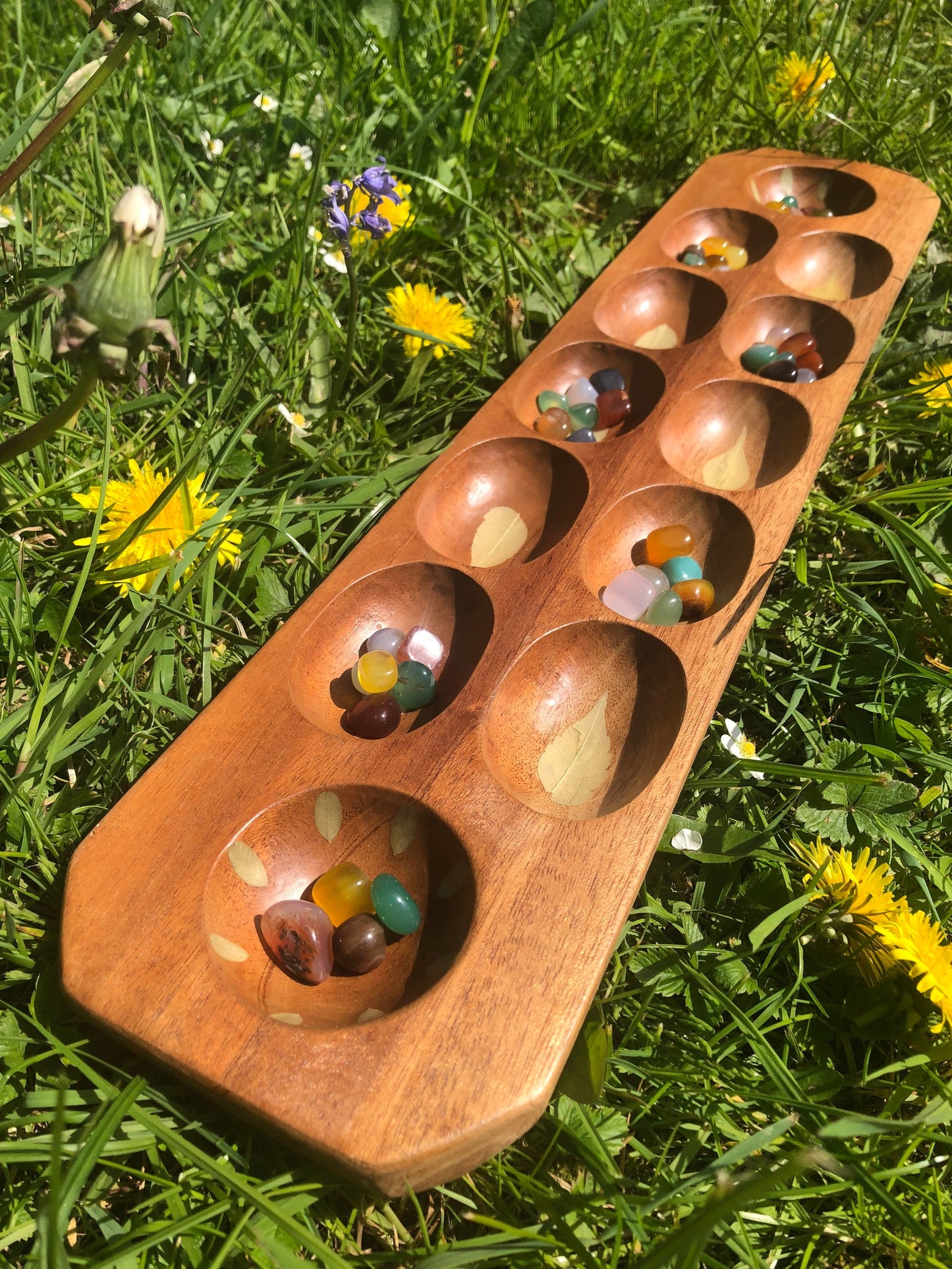 Handmade botanical Mancala board, with real Lilac and Rue and gem stone counters cottagecore goblincore unique nature handmade boardgame