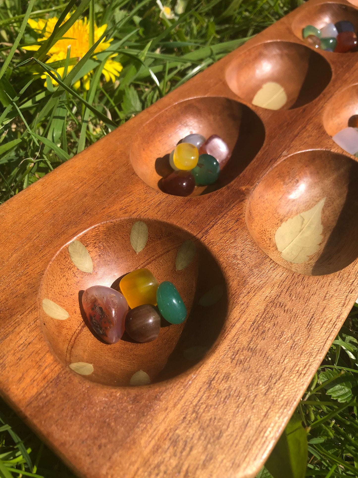 Handmade botanical Mancala board, with real Lilac and Rue and gem stone counters cottagecore goblincore unique nature handmade boardgame