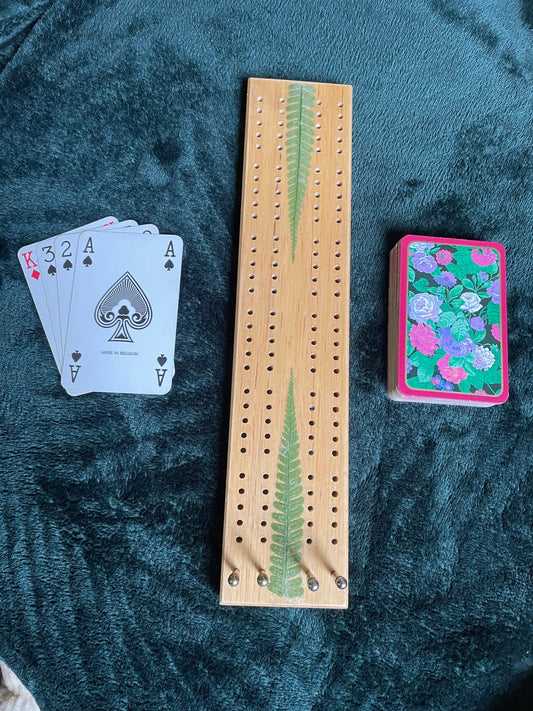Handmade cribbage board with real fern leaves - shabby chic cottagecore goblincore unique nature lover card game