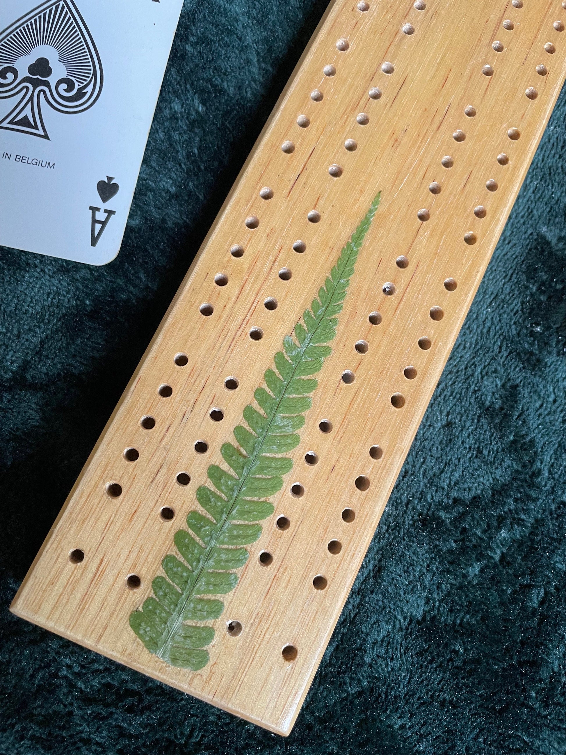 Handmade cribbage board with real fern leaves - shabby chic cottagecore goblincore unique nature lover card game