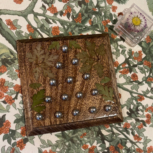 Pyramid solitaire pentagon puzzle board with pressed Daisy and Herb Robert - cottagecore goblincore nature handmade boardgame