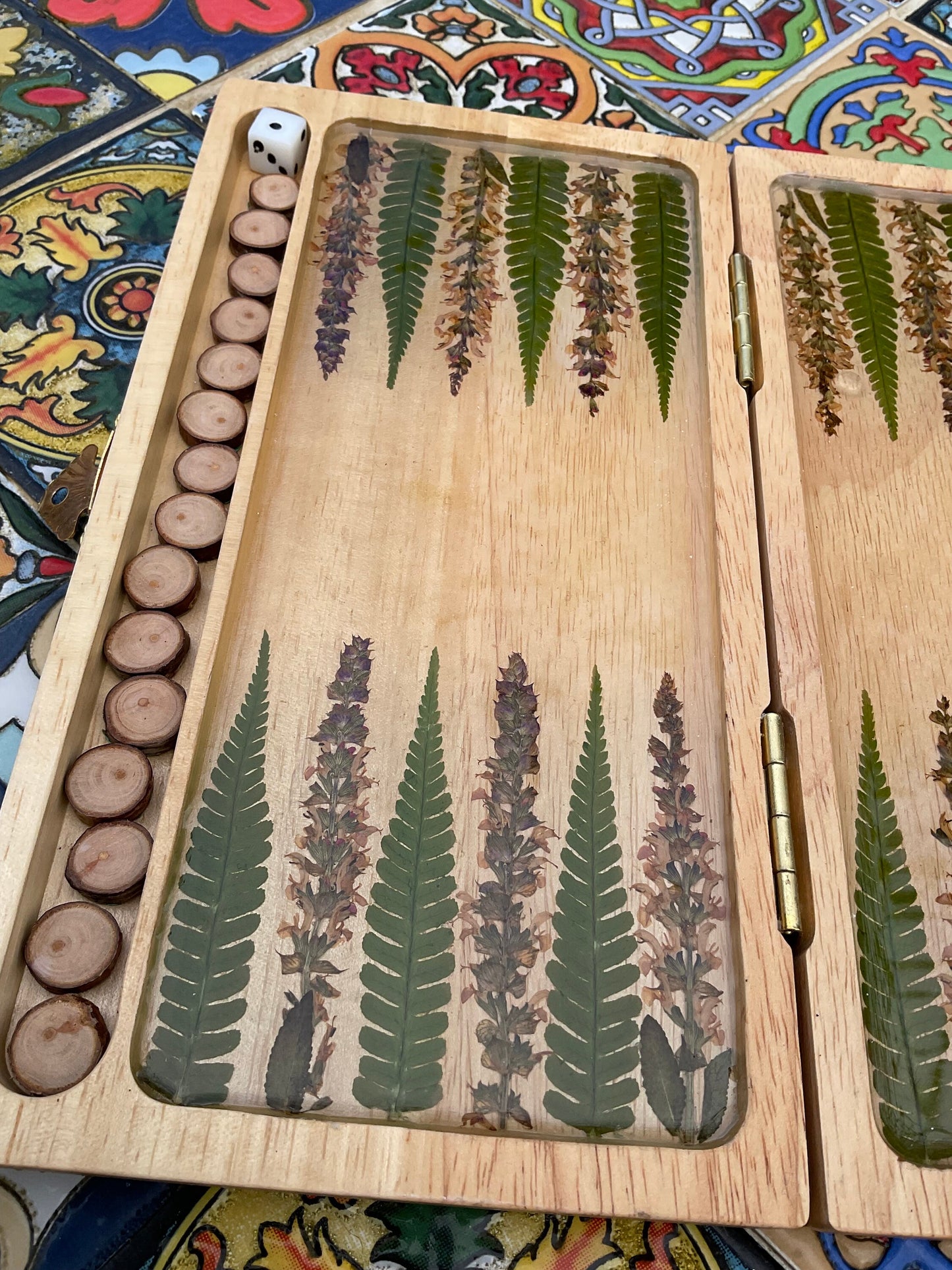 Botanical backgammon board pressed leaves (ferns & pink veronica flowers) - cottagecore goblincore unique art from nature