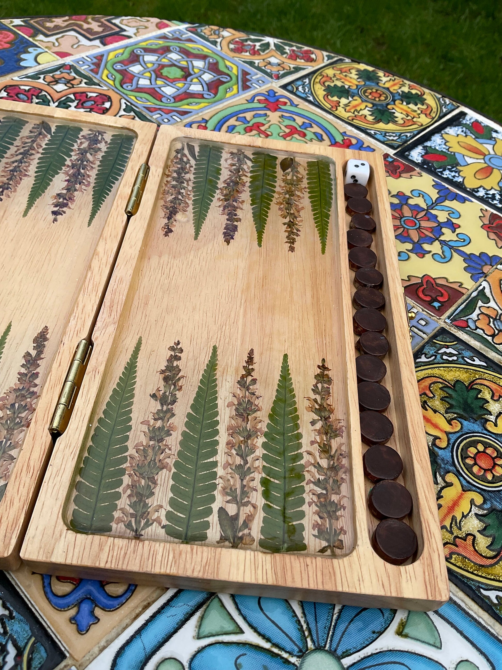 Botanical backgammon board pressed leaves (ferns & pink veronica flowers) - cottagecore goblincore unique art from nature