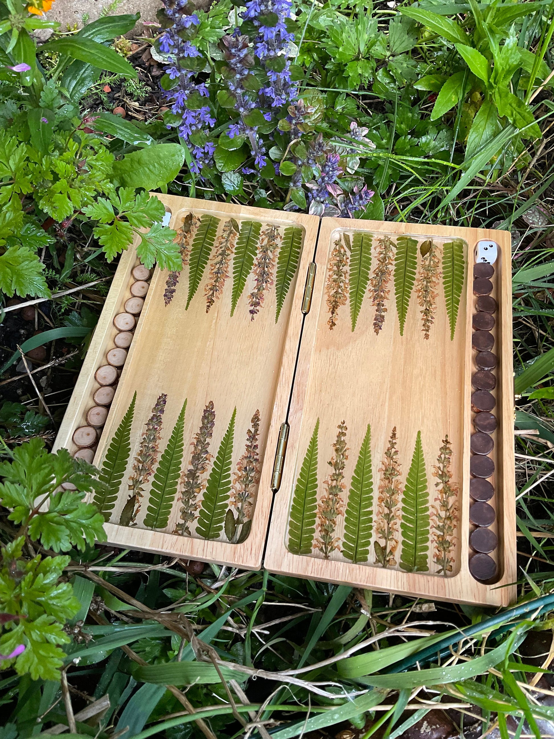 Botanical backgammon board pressed leaves (ferns & pink veronica flowers) - cottagecore goblincore unique art from nature