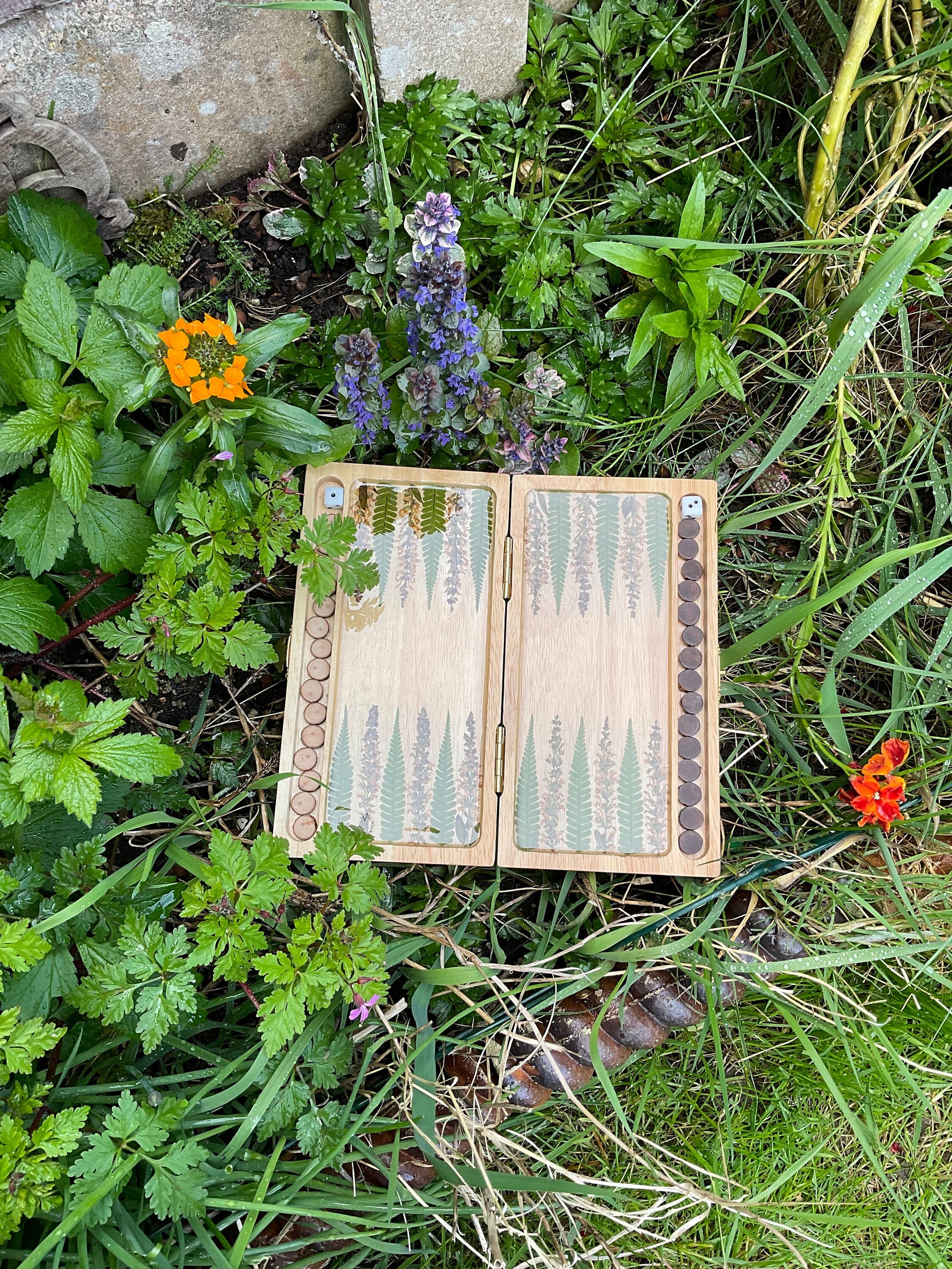 Botanical backgammon board pressed leaves (ferns & pink veronica flowers) - cottagecore goblincore unique art from nature