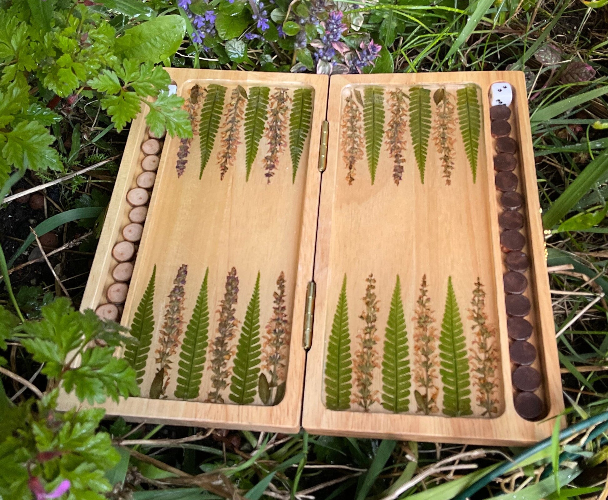 Botanical backgammon board pressed leaves (ferns & pink veronica flowers) - cottagecore goblincore unique art from nature