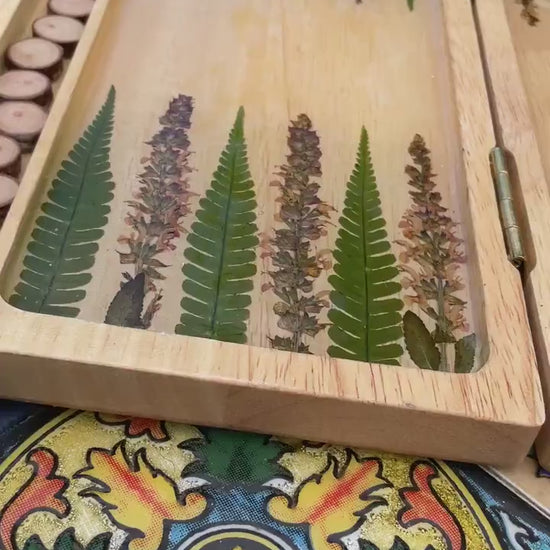 Botanical backgammon board  pressed leaves (ferns & pink veronica flowers) - cottagecore goblincore unique art from nature