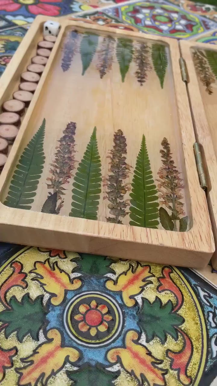 Botanical backgammon board  pressed leaves (ferns & pink veronica flowers) - cottagecore goblincore unique art from nature