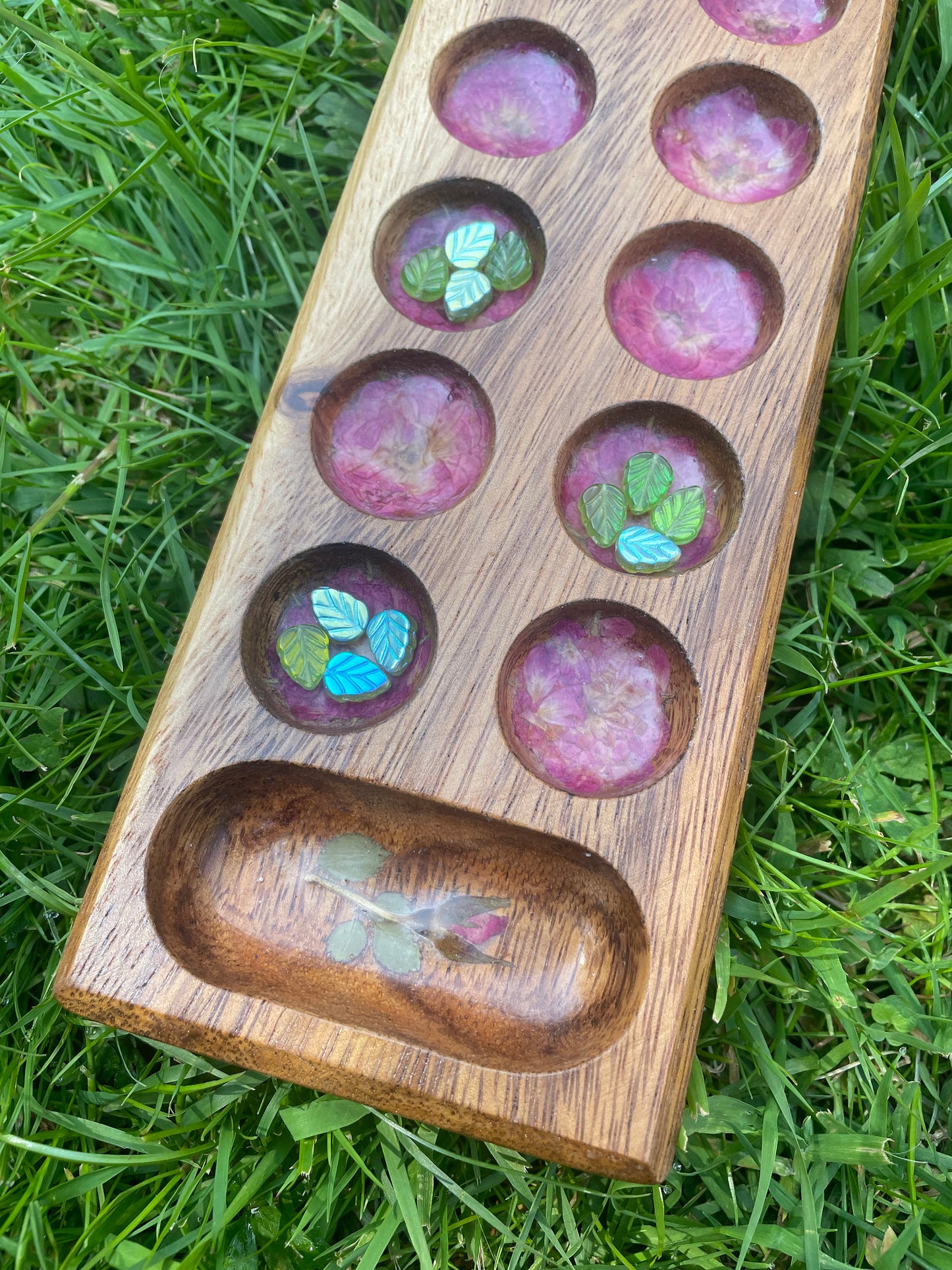 Handmade travel size Mancala board, with real Roses leaves shabby chic cottagecore goblincore unique nature