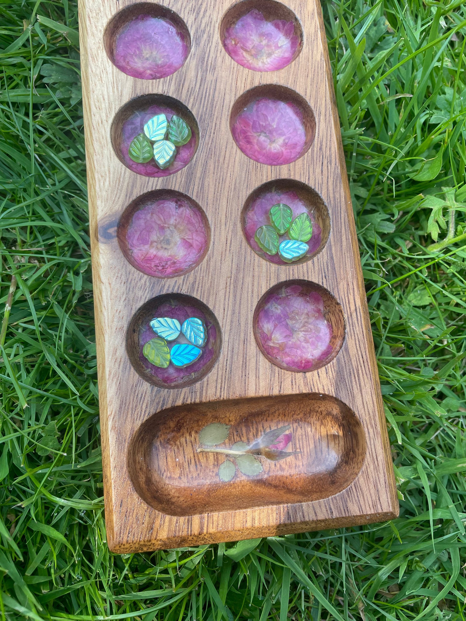 Handmade travel size Mancala board, with real Roses leaves shabby chic cottagecore goblincore unique nature