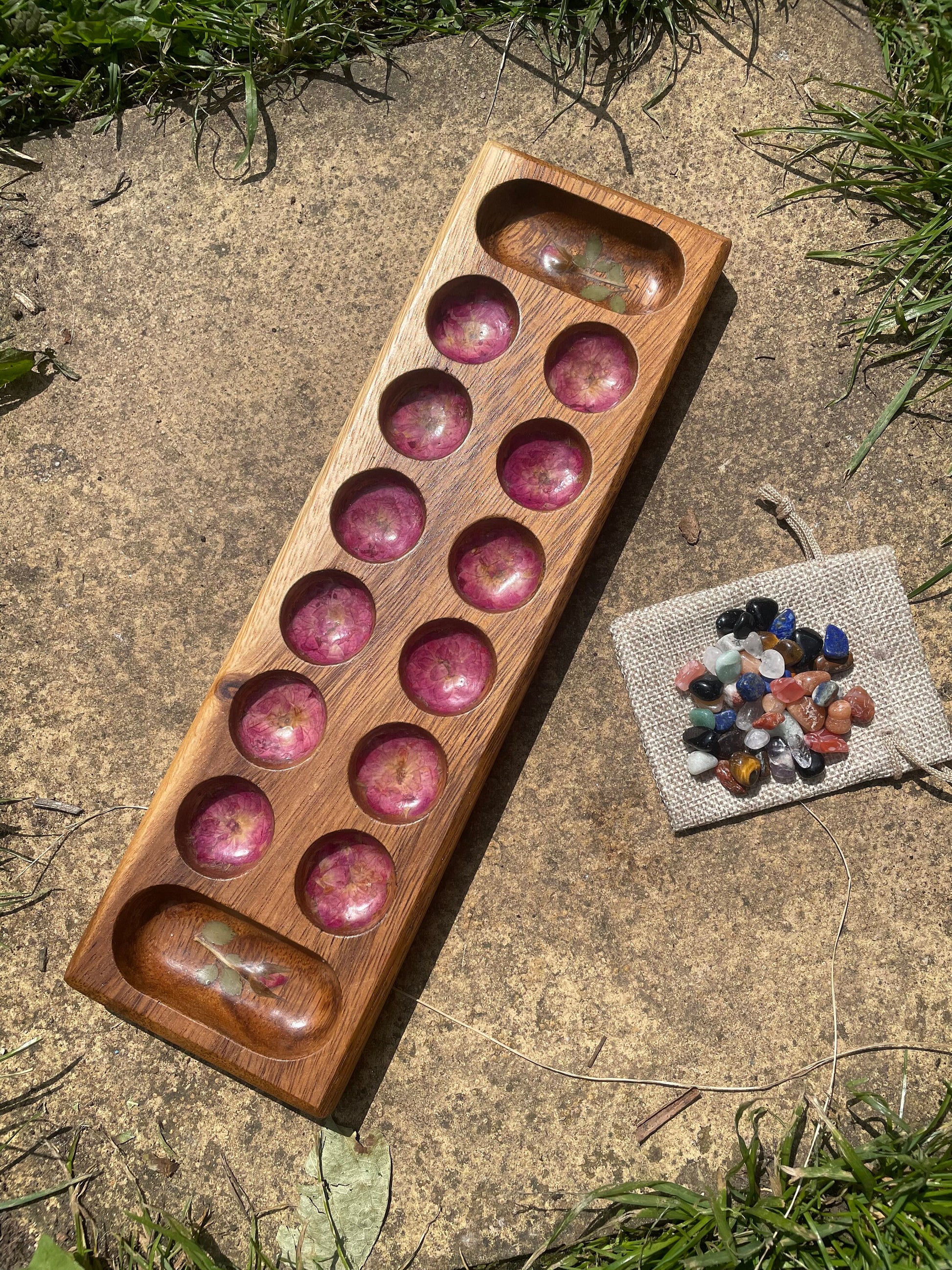Handmade travel size Mancala board, with real Roses leaves shabby chic cottagecore goblincore unique nature