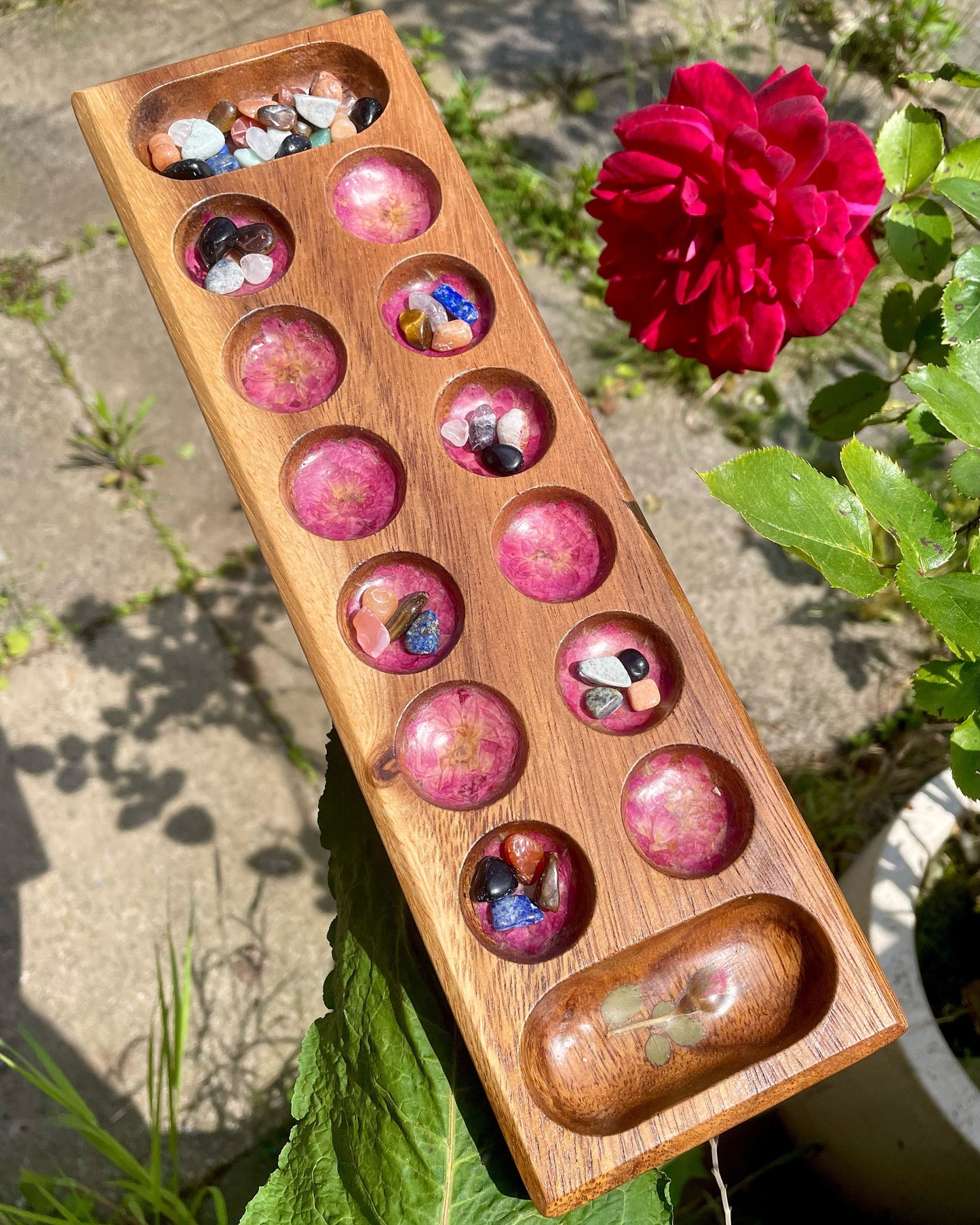 Handmade travel size Mancala board, with real Roses leaves shabby chic cottagecore goblincore unique nature
