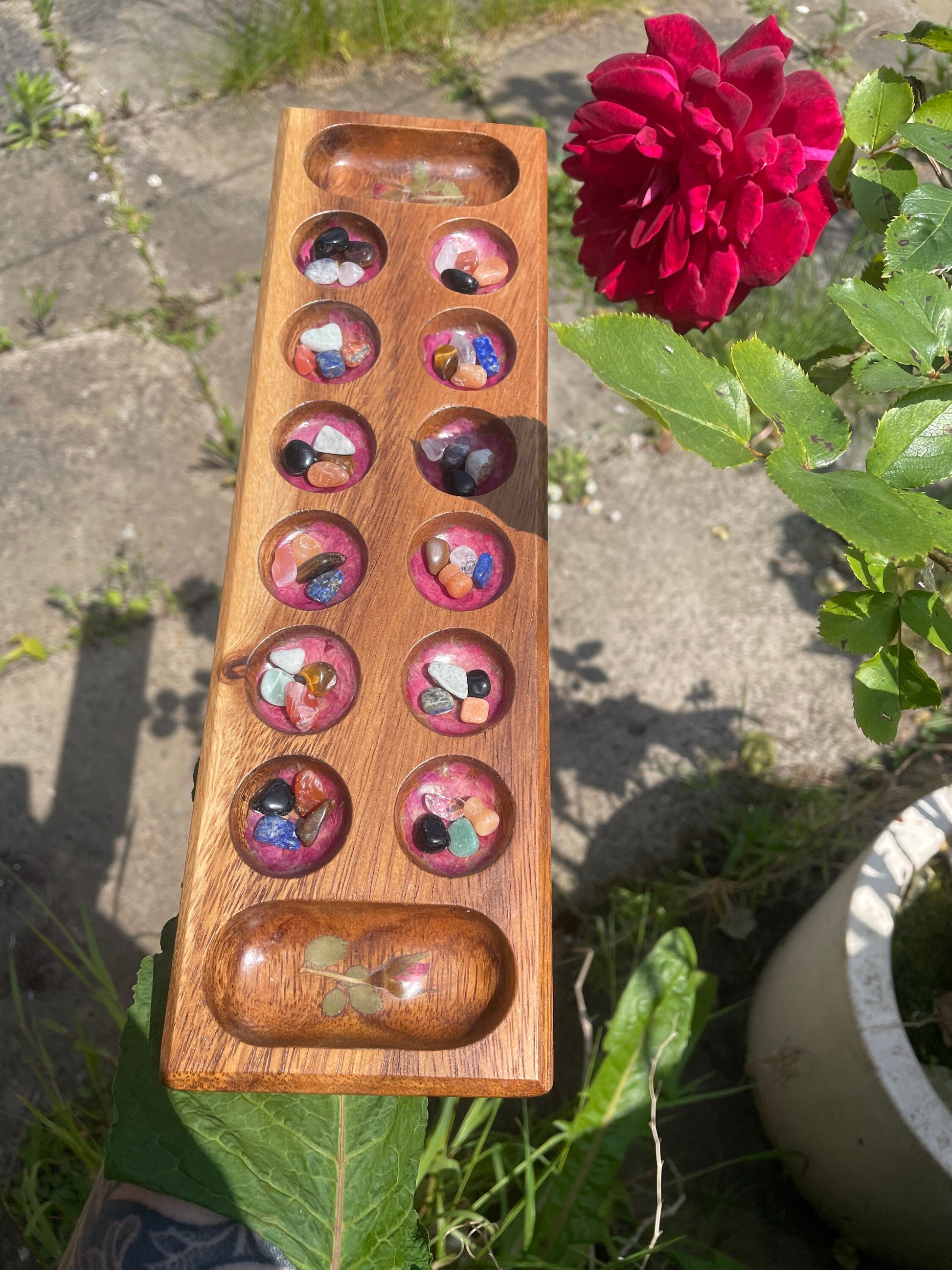 Handmade travel size Mancala board, with real Roses leaves shabby chic cottagecore goblincore unique nature