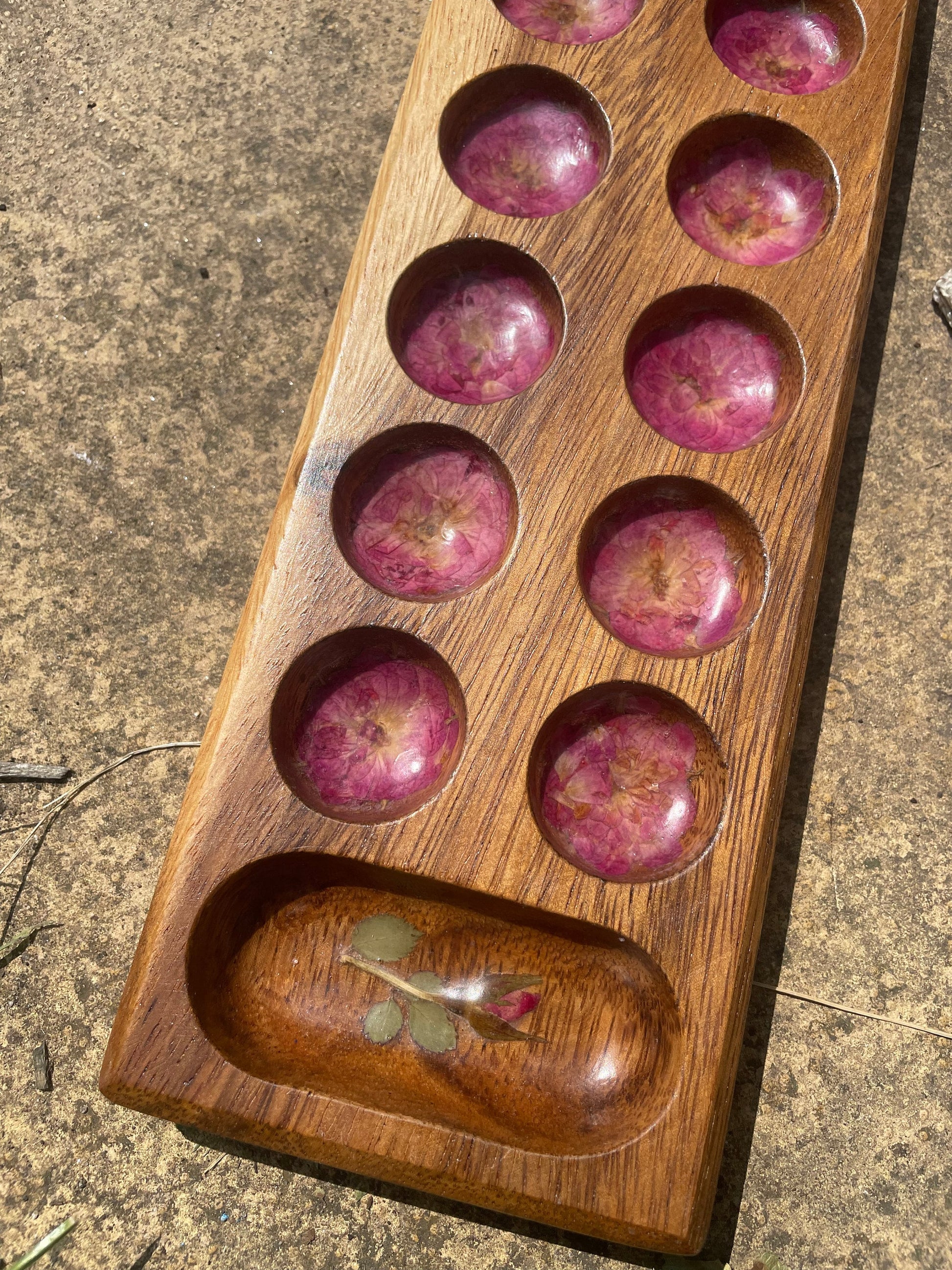 Handmade travel size Mancala board, with real Roses leaves shabby chic cottagecore goblincore unique nature