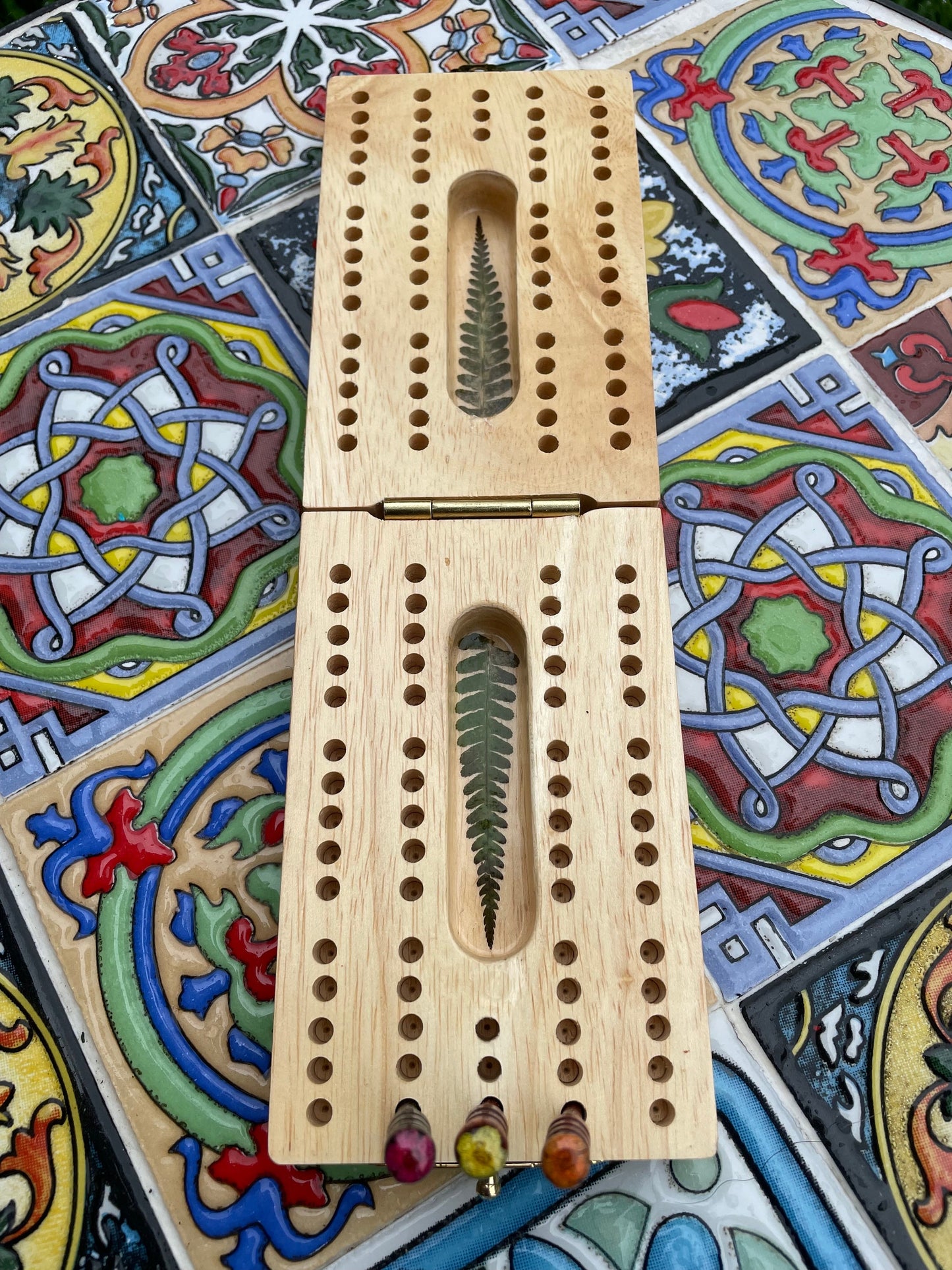 Mini folding Handmade botanical Cribbage board, with real Fern & Hawthorne blossom flowers shabby chic cottagecore goblincore unique nature