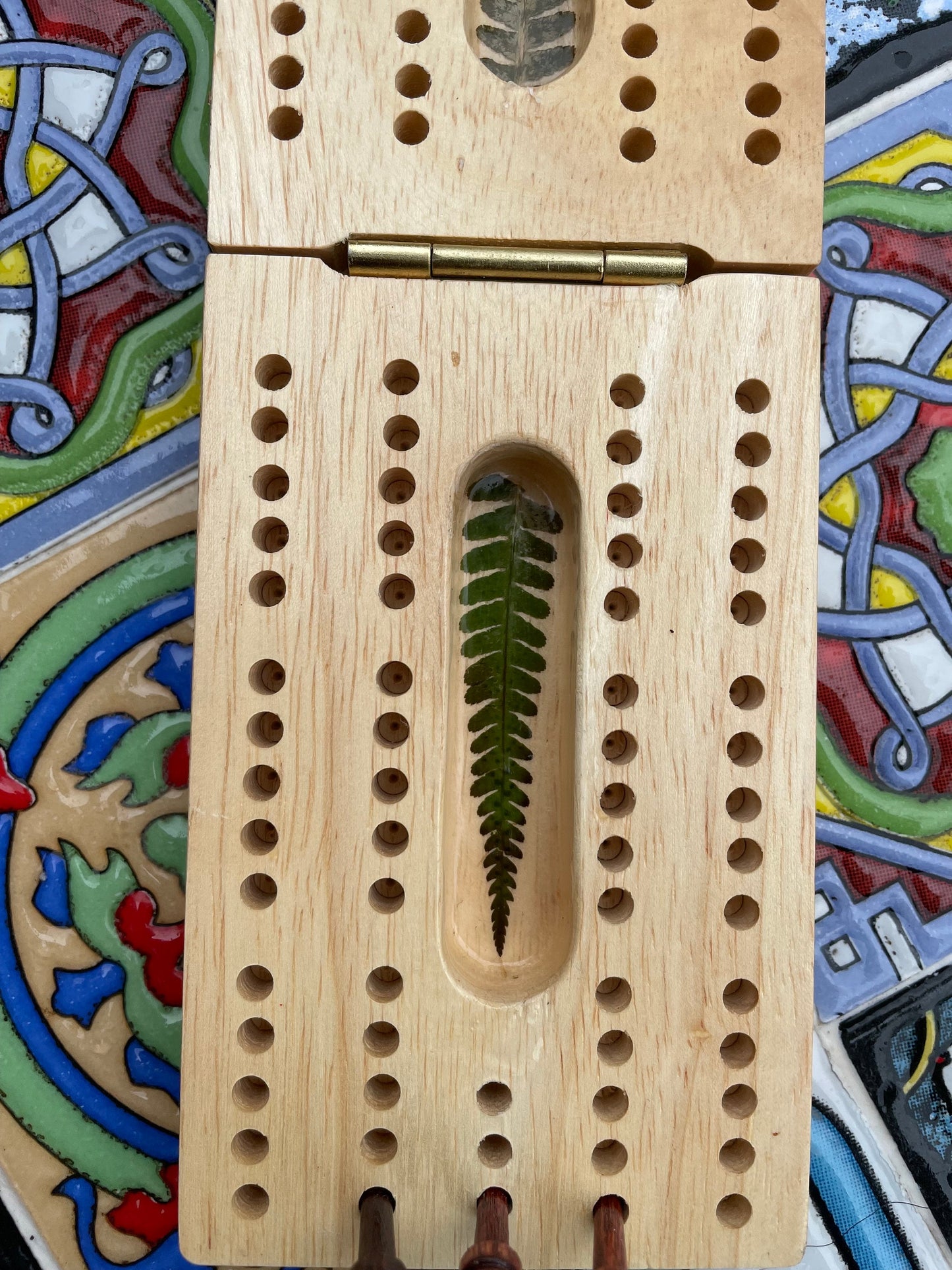 Mini folding Handmade botanical Cribbage board, with real Fern & Hawthorne blossom flowers shabby chic cottagecore goblincore unique nature