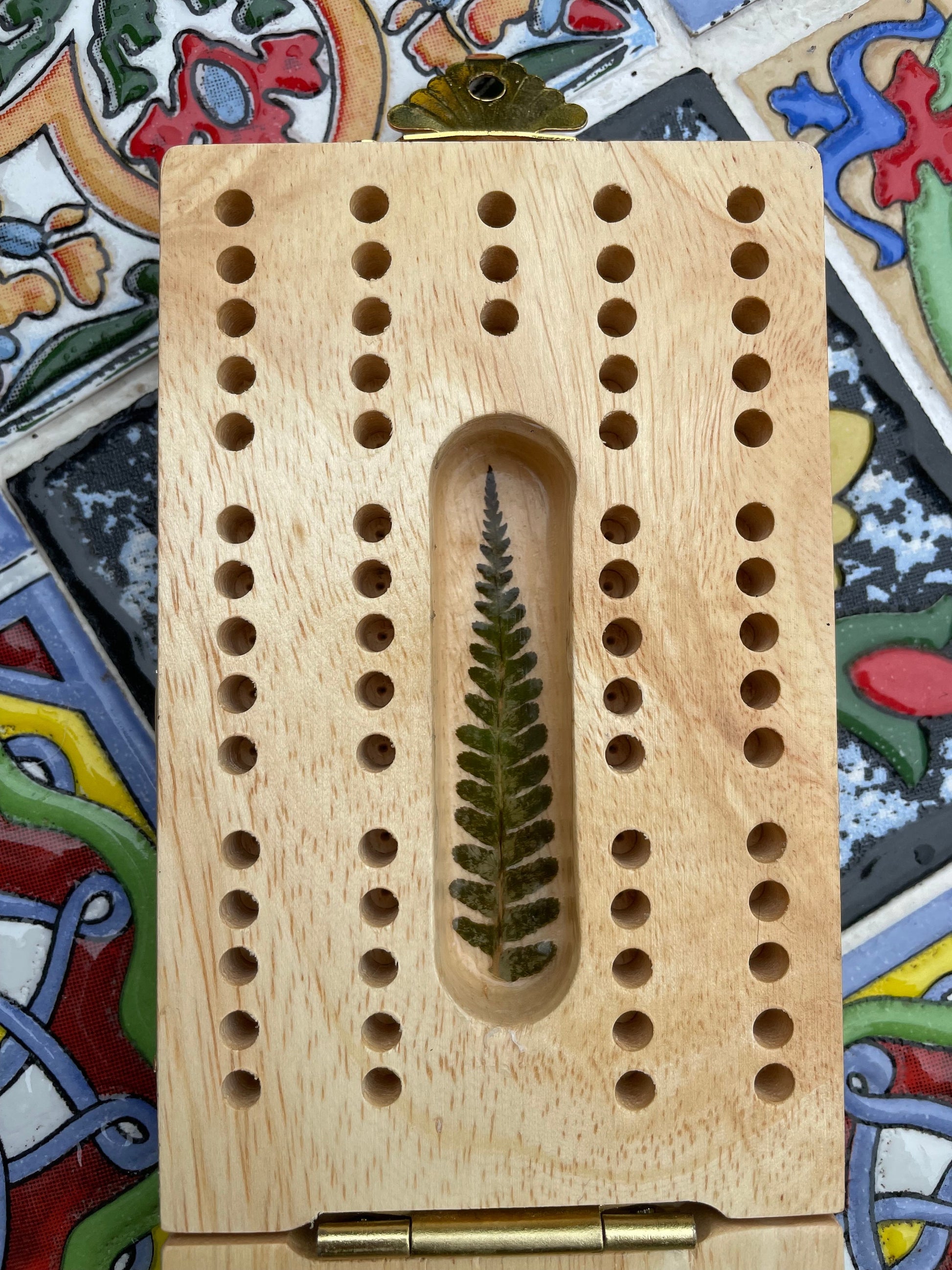 Mini folding Handmade botanical Cribbage board, with real Fern & Hawthorne blossom flowers shabby chic cottagecore goblincore unique nature